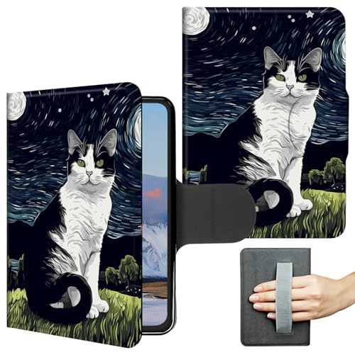 360 Degree Rotating Case for 6 All-New Kindle (11th Generation-2024/2022 Release) Slim PU Leather Stand Shell Cover with Hand Strap Auto Wake/Sleep Magnetic Clasp for Kindle 2024 e-Reader, Art Cat