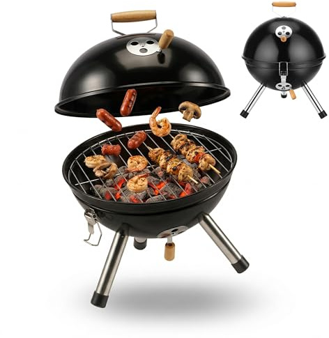 Relaxdays Mini Barbacoa de carbón portátil, Ø 30 cm, Negra | Para balcón y camping, con mango de madera