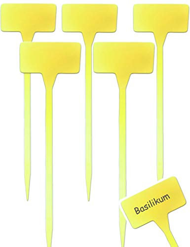 HOMETOOLS - 5 Stück Pflanz-Schilder, Steck-Etiketten Pflanzen-Stecker, Kunststoff-Schilder beschreibbar verwitterungsfest, 30cm gelb