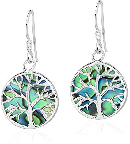 AeraVida Abalone Shell Inlay .925 Sterling Silver Dangle Earrings, Peace Symbol Earrings for Women, Tree of Life Style (Tree of Life)