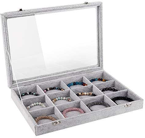 Emibele Bandeja de Joyas, Organizador de Joyas de 12 Rejillas con Tapa & Cierre para Collar, Anillo, Pendiente, Perno Prisionero, Pulsera - Gris