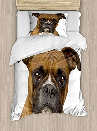 ABAKUHAUS Boxer-Hund Bettbezugs Set für Einzelbetten, Rassehund Vorderansicht, Milbensicher Allergiker geeignet mit Kissenbezug, 130 x 200 cm, Dunkelbraun