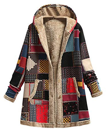 Manteau Femme Hiver Long Grande Taille à Capuche Manche Longue Hiver Chaud Blouson Chic Vintage Bohème Ethnique Imprimée Veste Casual Confortable Doublure Coton Épais Boutons Manteaux