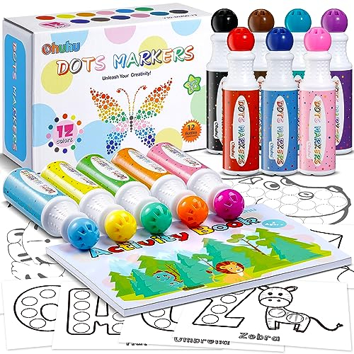 Ohuhu Bingo Dabbers, 12 Farben Auswaschbar Dot Marker für Kinder (40 ml) mit einem leeren 30 Seiten Kinder Activity Book für Vorschule ungiftig Wasser-basierte Punkt-Kunstmarker