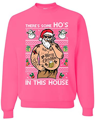Wild Bobby There's Some Ho's In This House Ugly Christmas Sweater Unisex Crewneck Graphic Sweatshirt, Neon Pink, L