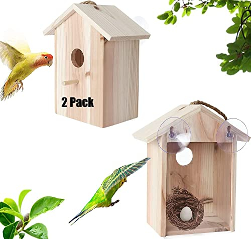 2 Stück Vogelhäuser aus Holz mit starken Saugnäpfen, 21.6x13.9x9.9 cm Spionage-Vogelhaus für Fenster, Vogelnest-Futterhaus für Garten, transparentes Design