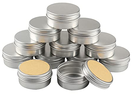 BasicPacking 50 Piezas Pequeño Tarros de Aluminio 50ml Vacío Plata Bote de Aluminio con Tapa Rosca Latas de Aluminio Envase Cosmético Redondo para Vela Cremas con 50 Piezas 40mm Etiquetas