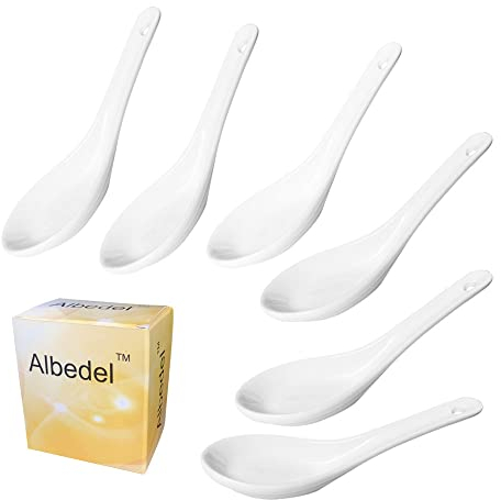 Albedel 6 pcs Asia Porcelain Soup Spoon Ceramic Rice Spoons Chinese Won Ton Spoons for Home Kitchen Restaurant White