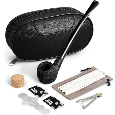 Joyoldelf Heideholz Tabakpfeife Set mit Einem Lederpfeiler, Hölzerner Raucher-Rohr mit 3-in-1-Pfeifenschaber, 1 Korkklopfer, 2 Packungen Pfeifen Siebe, 20 Pfeifenreiniger, Pfeifenbeutel