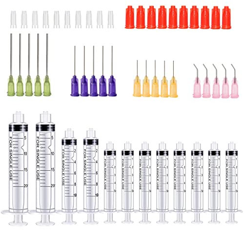 52 Packs - 5ml 10ml 20ml Syringes with 14ga, 20ga,21ga, 23ga Blunt Tip Needles With Syringe Caps and Needle Caps for Refilling and Measuring Liquids, Oil or Glue Applicator