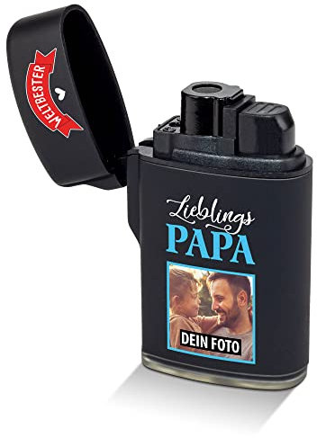 Feuerzeug selbst gestalten - mit Foto bedrucken - Weltbester Lieblingspapa - Geschenk für den besten Papa, Vatertag - Sturmfeuerzeug, Flüssiggas nachfüllbar, Schwarz gummiert I Personalisiert