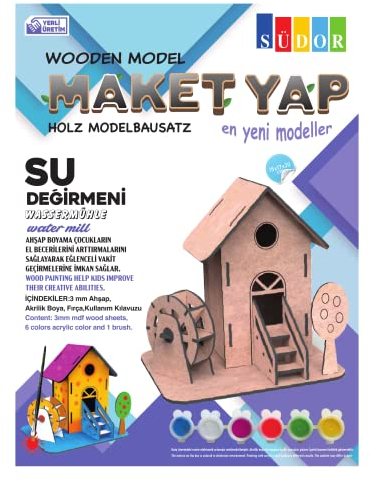 Wassermühle Modellbausatz aus Holz zum Bemalen. mit Farben und Pinsel. MDF-Holzpuzzle Modellbau 3D Mühle Holzbausatz für Kinder