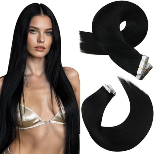 Moresoo Tape Extensions Echthaar 65 cm Schwarz Remy Echthaar Extensions Tape #1 Schwarz Invisible Tape in Haarverlängerungen Natürliche Unsichtbare Tape Extensions 20 Stück/50g