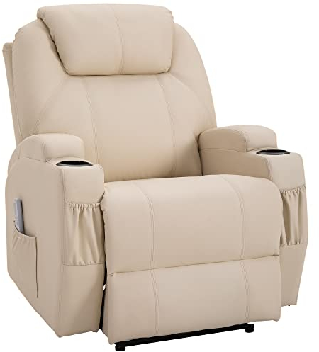 HOMCOM Fauteuil de Massage Inclinable, Chaise de Relaxation avec Dossier et Repose-Pied électrique réglables revêtement synthétique pour Salon, Chambre, Cinéma Maison Crème