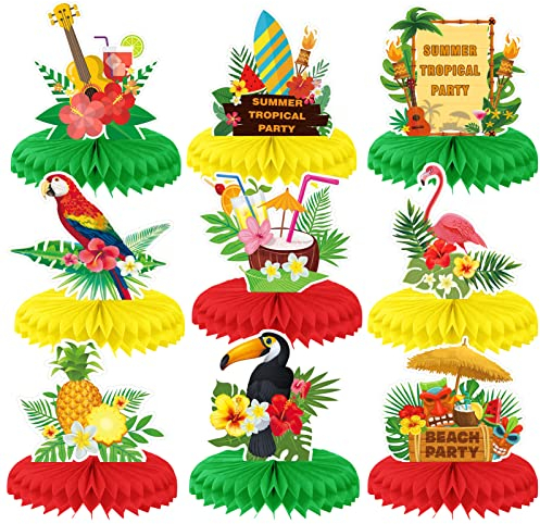 HOWAF 9 Stück Hawaii Luau Bienenwaben Tischaufsätze, 3D Flamingo Tischdekorationen Waben-tischaufsatz Ball Dekorationen Party Zubehör für Tiki Tisch Dekoration Sommer Tropisch Aloha Geburtstag Party