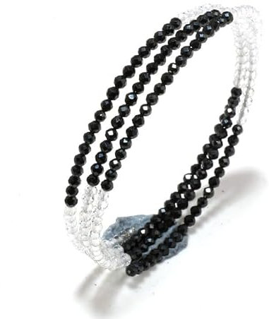 WORLD WIDE GEMS White Topaz & Black Spinel 3 Layred rondelle faceted 7inch Sterling Silver Stacking Beaded Bracelet, Simple Layering, Dainty Gemstone Bracelet, Fine Jewelry, Minimalist,