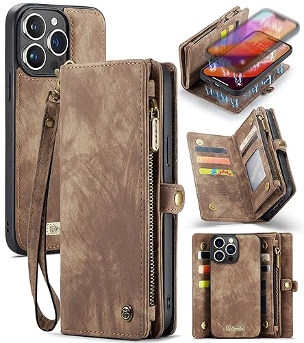 UFinetech für iPhone 15 Pro Hülle, Flip Leder TPU Stoßfest Kartenfach Tasche Handyhülle für iPhone 15 Pro, Magnetisch Klapphülle Kratzfest Abnehmbare Reißverschluss mit Band Schutzhülle Case, Braun