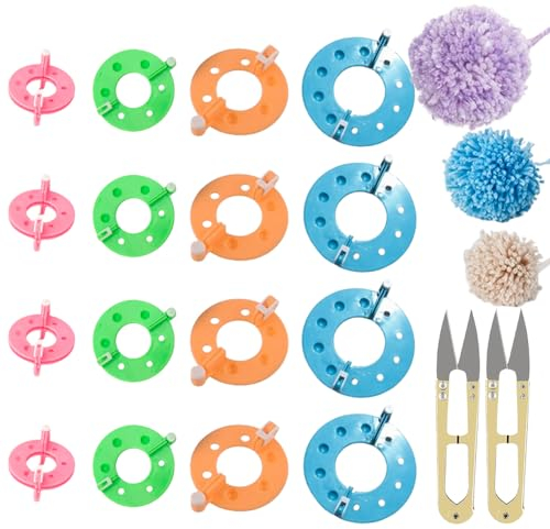 Gotetiso 16 Stück Pompon Set Bommelmacher Kunststoff Pompom Maker Set Bobble Maker Fluff Ball Weaver Nadel Bommelschablone Fluff Kugel Puschel Basteln DIY Knitting Handwerk Werkzeug mit Schneideschere