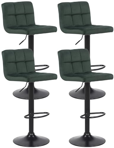 CLP 4er Set Barhocker Feni Samt, höhenverstellbar mit Fußstütze, Lehne & Metallgestell, belastbar bis 150 kg, Farbe:grün