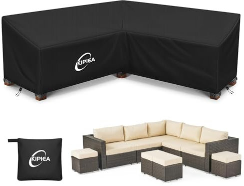 Kipiea Abdeckung Loungemöbel L-Form Gartenmöbel Abdeckung Wasserdicht, 420D Abdeckung Loungemöbel Winddicht, L Form GartenLounge Abdeckplane für Ecksofa Gartenmöbel (V-Förmig 292x292x85x78cm)