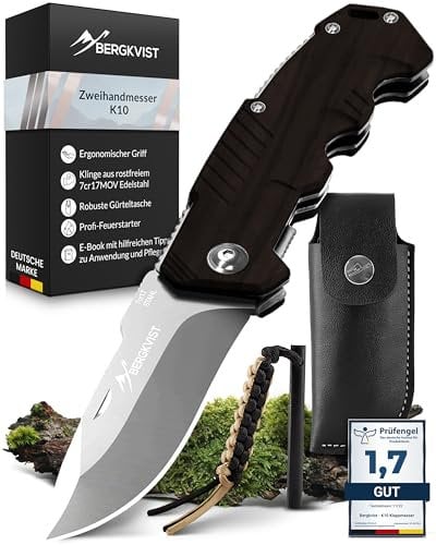 BERGKVIST® K10 Couteau pliant (Couteau à deux mains) - Couteau de poche pour le camping, la chasse ou la survie - avec bâton de feu et étui de ceinture - manche en bois d'ébené