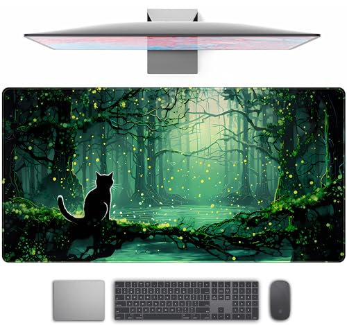 Office Desk Pad with Cute Green Forest Black Cat Pattern, XXL Desk Pad for Gaming Mouse Computer and Keyboard, Office Decoration with Stitched Edges, 31.5 x 15.7