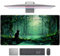 Office Desk Pad with Cute Green Forest Black Cat Pattern, XXL Desk Pad for Gaming Mouse Computer and Keyboard, Office Decoration with Stitched Edges, 31.5 x 15.7