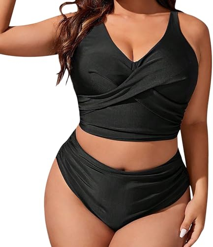 OverDose Boutique Damen-Bikini in Übergröße, hohe Taille, Badeanzug mit V-Ausschnitt, Zwei Badeanzüge Steinhart Uhren (Black, XXXXL)