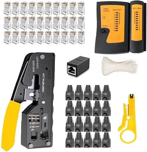 MAYLINE RJ45/CAT5 Herramientas Pelador de cables de red de Crimpado para RJ45 Crimpadora CAT5/CAT5E RJ11/RJ12 con Probador de Cables LAN Pelacables Conector Alicates (Negro)