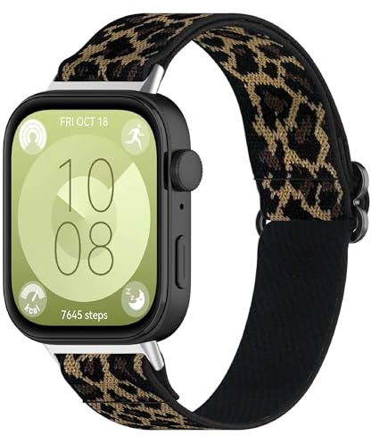 GIOPUEY Armband Kompatibel mit Huawei Watch Fit 3/4/4 Pro, Geflochtenes Nylon Armband [unisex] elastisch Ersatzarmband - Leopard