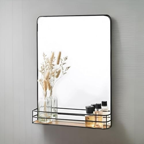 Dylex Bathroom Mirror with Wooden Shelf, Wall-mounted Metal frame Rectangular Mirror, for hallway, Bedroom, Living Room, Black