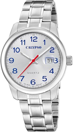 Calypso Herrenuhr Analog aus Edelstahl 316l Silberfarben | Quarzwerk, Kalender, Widerstandsfähiges Mineralglas, Wasserdicht 5 ATM K5872/2 Basic