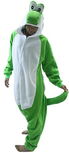 Grün Yoshi Damen-Fleece-Pyjama für Erwachsene, Unisex, fünf Farben, Unisex-Tier-Onesies, neuartiger Pyjama, Nachtwäsche, Halloween-Homewear, einteilig, Cosplay-Kostüm