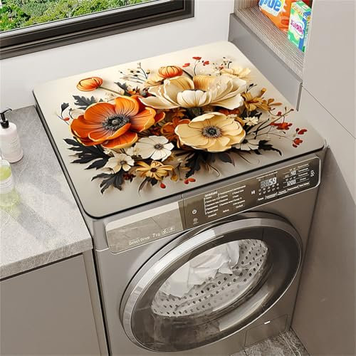 Highdi Tappetino Antiscivolo Lavabile, Stampa Pastorale retrò Copri Lavatrice Coperchio Antipolver per Lavatrice Asciugatrice Tappetino Antiscivolo per Copertura Protezione (Beige,60x60cm)