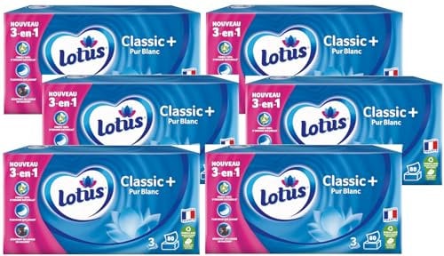 Lotus Mouchoirs Classic+ Pur Blanc 480 Mouchoirs blanc en boîte (Lot de 6 Boîtes x 80 Mouchoirs) 3 épaisseurs pour plus de confort - Offre Spéciale