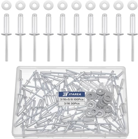 JTAREA 130 Pièces 4,8 × 16 mm Rivets Aveugles en Aluminium avec Rondelles Rivet à Bout Ouvert Rivets Pop Tete Large (Argent)