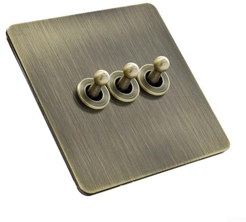 Zilimontt 86 Type Antique Bronze Retro Switch Industrial Style Light Switch Socket, Solid Wood Brass Toggle Switch Plate, Antique Brass Light Switch, Antique Home Toggle Switch(3 Gang)
