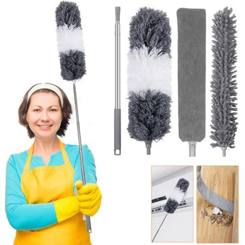 Microfiber Duster Kit, 4pcs Washable Dusters with Telescopic Pole for Cleaning Ceilings, Fans, Blinds, Furniture, House Cleaning Tool Kit(Grey)
