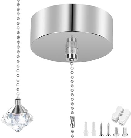 Pull Cord light Switch Bathroom, Crystal Pendant Bathroom Pull Cord Ceiling Switch, Ceiling Mounted Chain Kit, 150cm Cord Pull String Cylinder for Bathroom Chandeliers Accessories (SILVER)