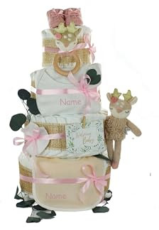 Windeltorte für Baby Mädchen | Greifling und Plüschtier Reh Ella, Body und Babybooties, Personalisierbar (4-stöckig, bedruckt)