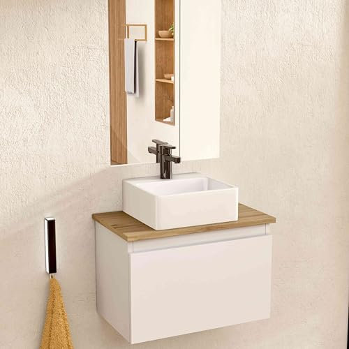 BELLOBATH - Mueble Baño Suspendido con Lavabo de Cerámica Cuadrado y Espejo, Mueble Baño con Lavabo Montado con 1 Cajón, 49,5 x 32 x 30 cm, Mueble Blanco/Roble