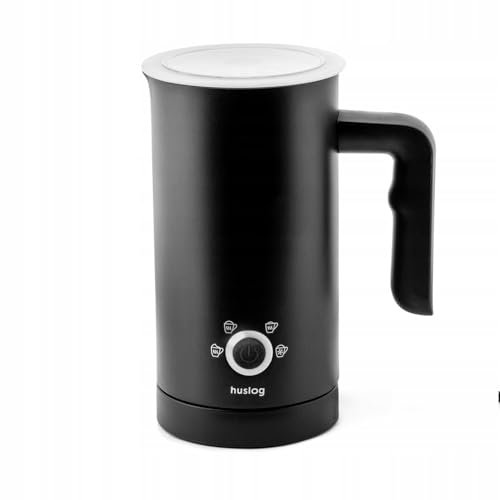 Huslog Montalatte Elettrico 4 in 1, 500W, 240 ml in Acciaio Inox, per Schiuma Calda e Fredda, Rivestimento Antiaderente, Spegnimento Automatico, per Cappuccino, Latte e Cioccolata, Nero Opaco