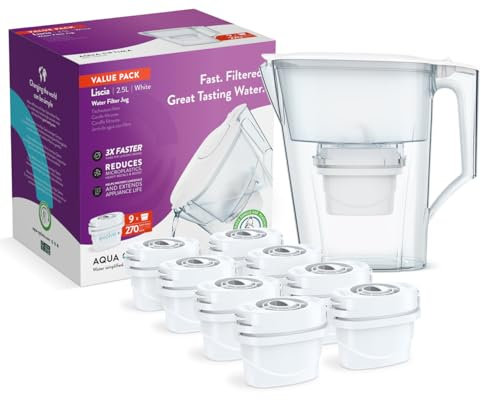 Aqua Optima Liscia Water Filter Jug & 9 x 30 Day Evolve+ Filter Cartridges, 2.5 Litre Capacity, for Reduction of Microplastics, Chlorine, Limescale and Impurities, White (Packaging may vary)