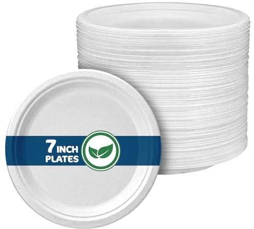 Disposable Paper Plate 7 Inch Heavy Duty Strong Bagasse Compostable Eco-Friendly Natural Sugarcane Fibers Round Plates for Hot & Cold Food Catering BirthdayDinner Party Office Picnic BBQs 150 Plates