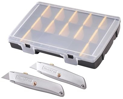Stanley 99E Trimming Knife Twin Pack with 50 Spare Blades in Organiser, Made from Grey Painted die-cast Metal Body, which is ergonomically Shaped for a Good, Comfortable Grip.