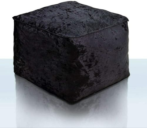 HOUSEHOLD DISCOUNTS LTD Velvet Crushed Footstool Ottoman | Square Pouffe Rest Stool | Size: 40 x 40 x 40CM AVAILABLE | (BLACK)
