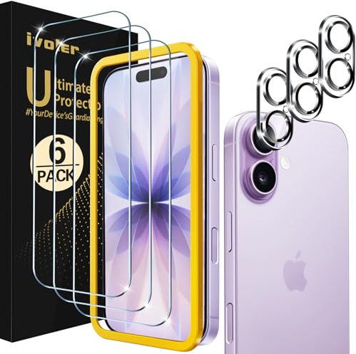 ivoler für iPhone 17 Panzer Schutz Glas, 6,3 Zoll，3+3 Stück | mit Montagerahmen,3 Schutzfolie und 3 Kameraschutz,9H Härte, Kratzfest, Stoßfest,Einfache Montage ，HD-Klar, Blasenfrei