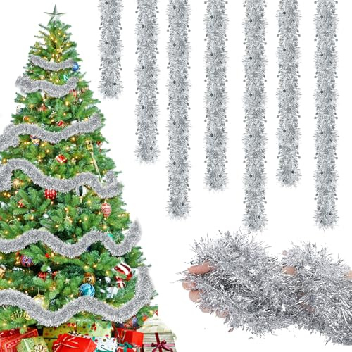 8 Stück x 2M Lametta Weihnachtsbaum Girlande Silber mit Stern, Weihnachtsbaum Girlande Silber Hängende Weihnachten deko Party Weihnachtsfeier Weihnachtsdekoration für Weihnachten Party