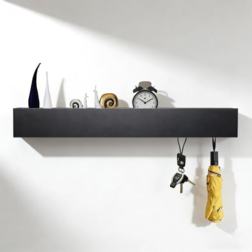 LINTRA Wandgarderobe mit Ablage, 60 cm Wandhaken Garderobe, Schwarze Hakenleiste Garderobe, Jackenhalter Wand mit 7 Verdeckten Haken, für Flur, Badezimmer, Schlafzimmer