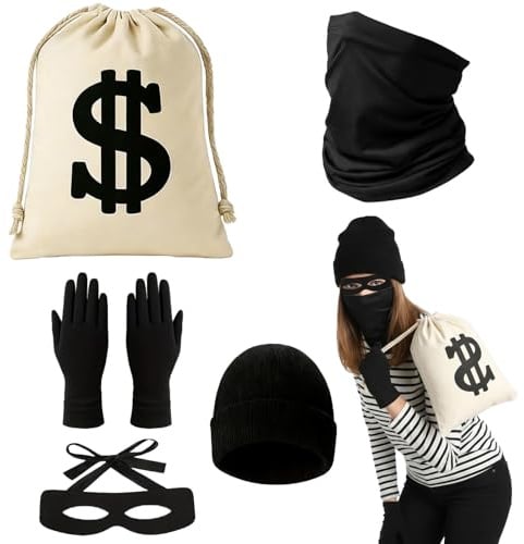 FDHBDF Räuber Kostüm Set Damen Herren, 5-Teiliges Bankräuber Kostüm Zubehör mit Augenmaske, Gesichtsmaske, Dollar Geldsack, Strickmütze & Handschuhe für Karneval, Cosplay, Mottoparty, Rollenspiel
